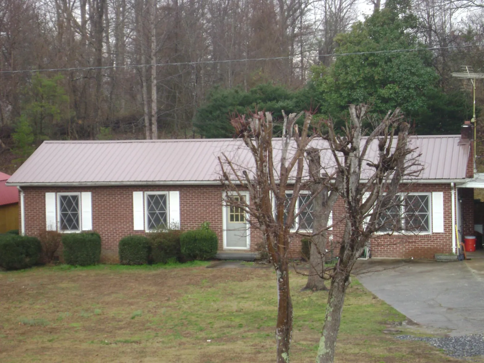 Mauve metal roof on a brick ranch home behind bare trees in Rochester